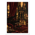 Black grand piano in an ornate lounge with burgundy curtains, golden chandeliers, velvet chairs and a staircase.
