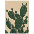 Prickly pear cactus with overlapping dark green oval pads, fine pale markings and spines against a textured beige background.