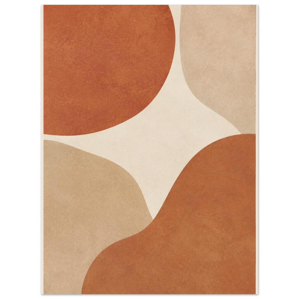 Abstract burnt orange and beige curved shapes on a cream background, with mottled texture and a narrow cream border.