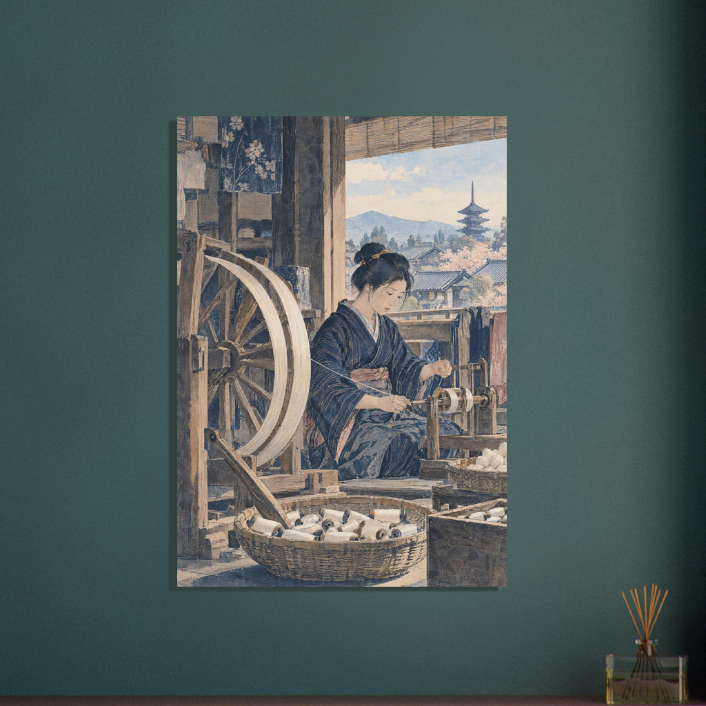 Woman in a blue kimono winding thread beside a wooden wheel, with baskets of spools and a pagoda beyond the window