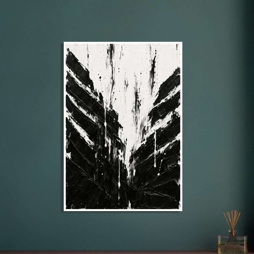 Black and white abstract herringbone pattern with thick diagonal brushstrokes, vertical streaks and paint drips.
