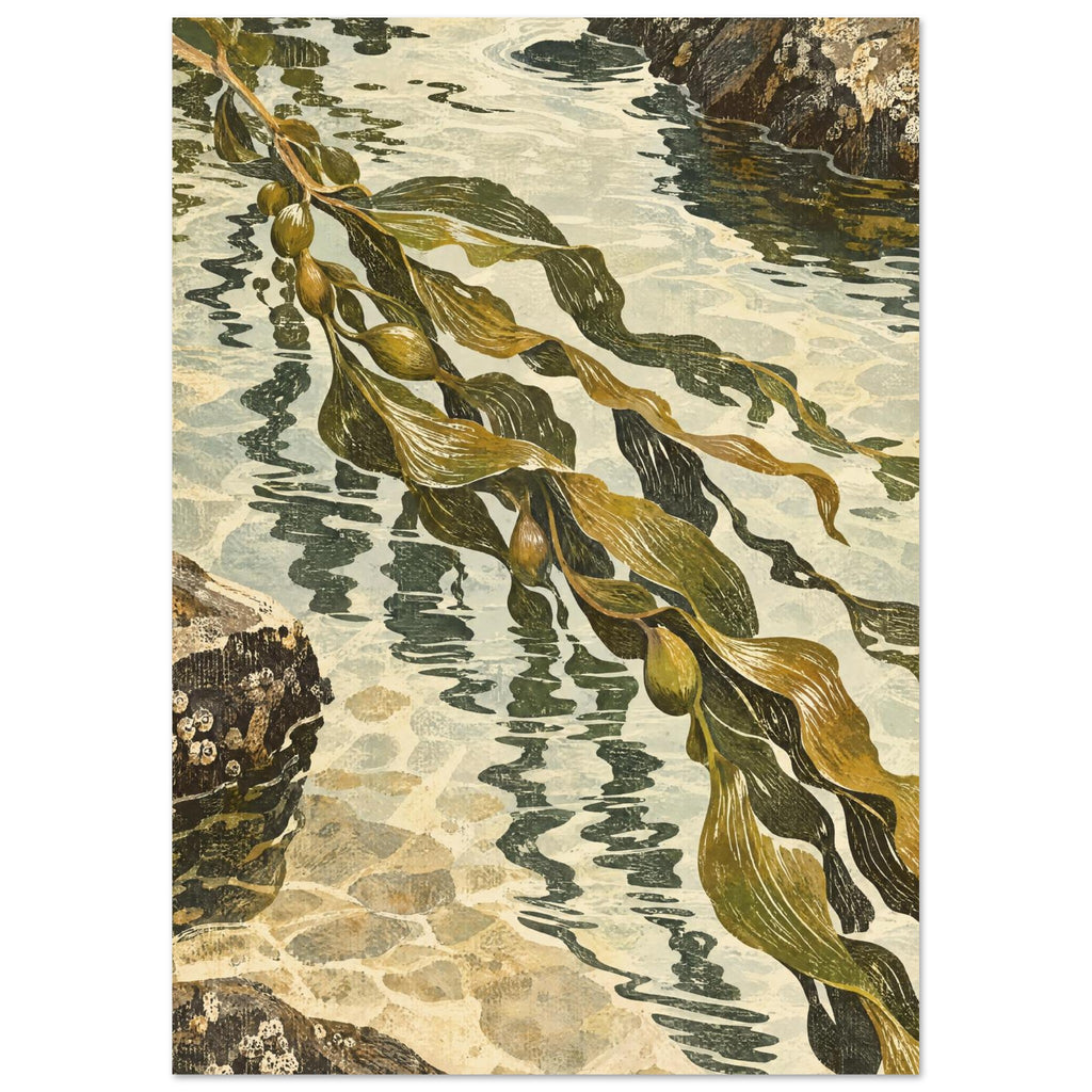 Olive and ochre kelp fronds stretch diagonally across pale rippling water between textured rocks.