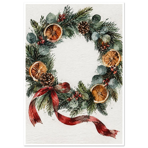 Watercolour wreath of evergreen foliage, eucalyptus, orange slices, pine cones and red berries with a trailing red bow.