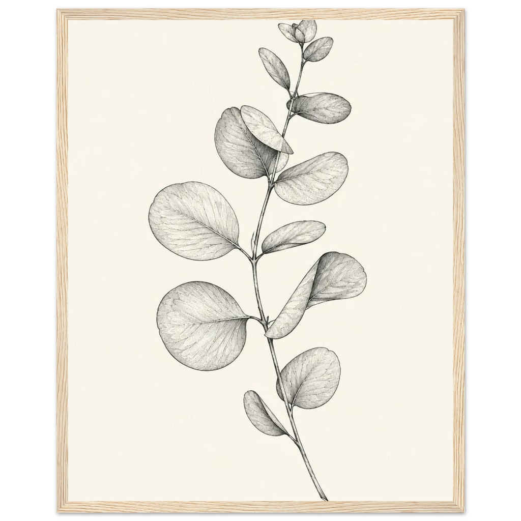 Eucalyptus stem with rounded, overlapping leaves drawn in fine black and grey lines on a plain cream background.