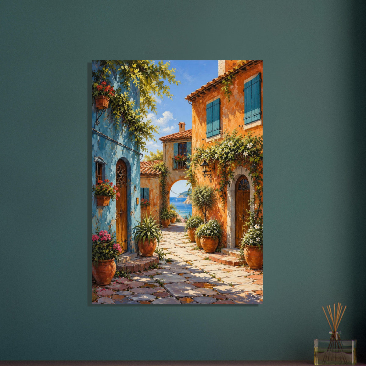 Coastal village lane with blue and orange buildings, potted flowers and a stone archway opening onto a sea view.