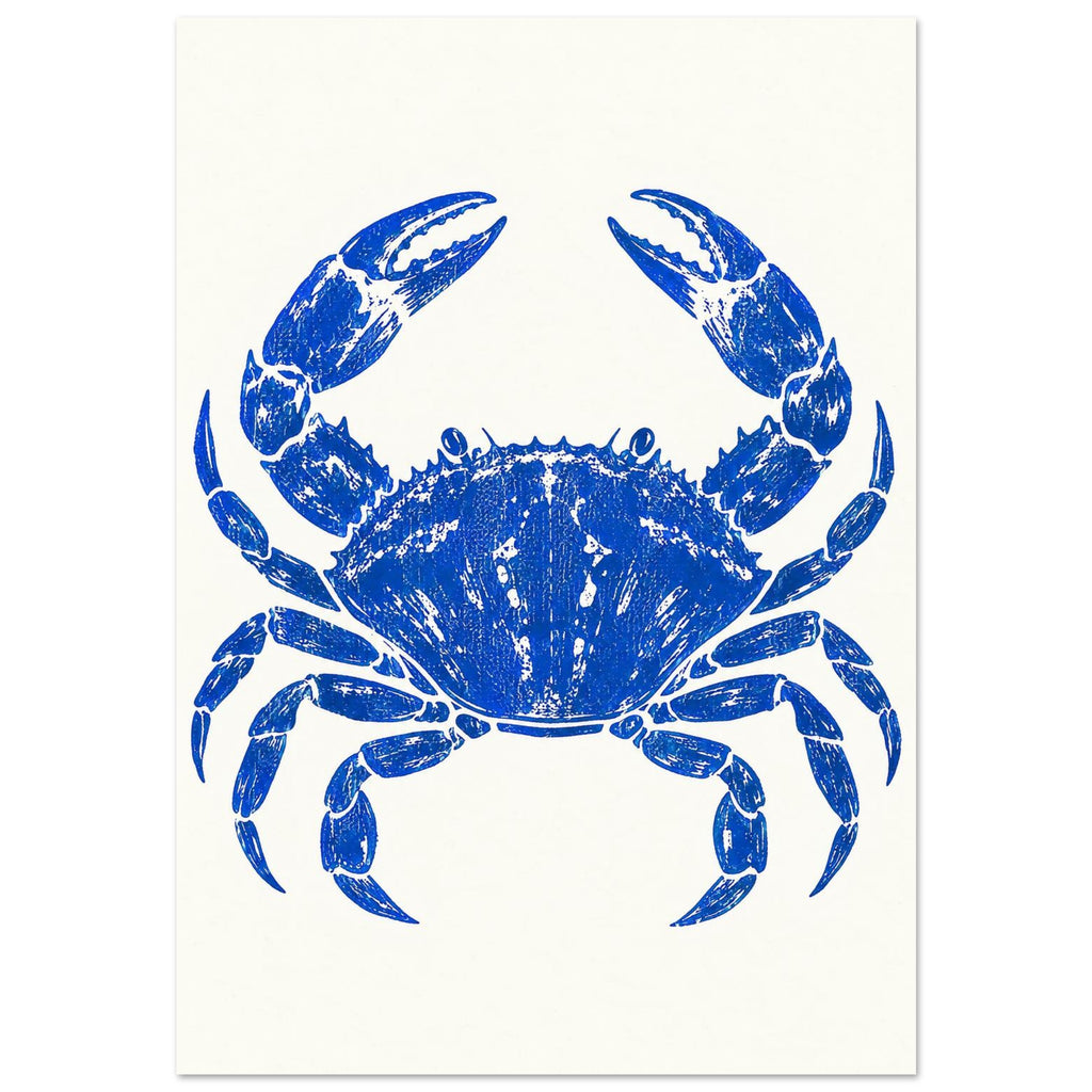 Ultramarine blue crab with raised claws and distressed detailing, centred on a warm cream background.