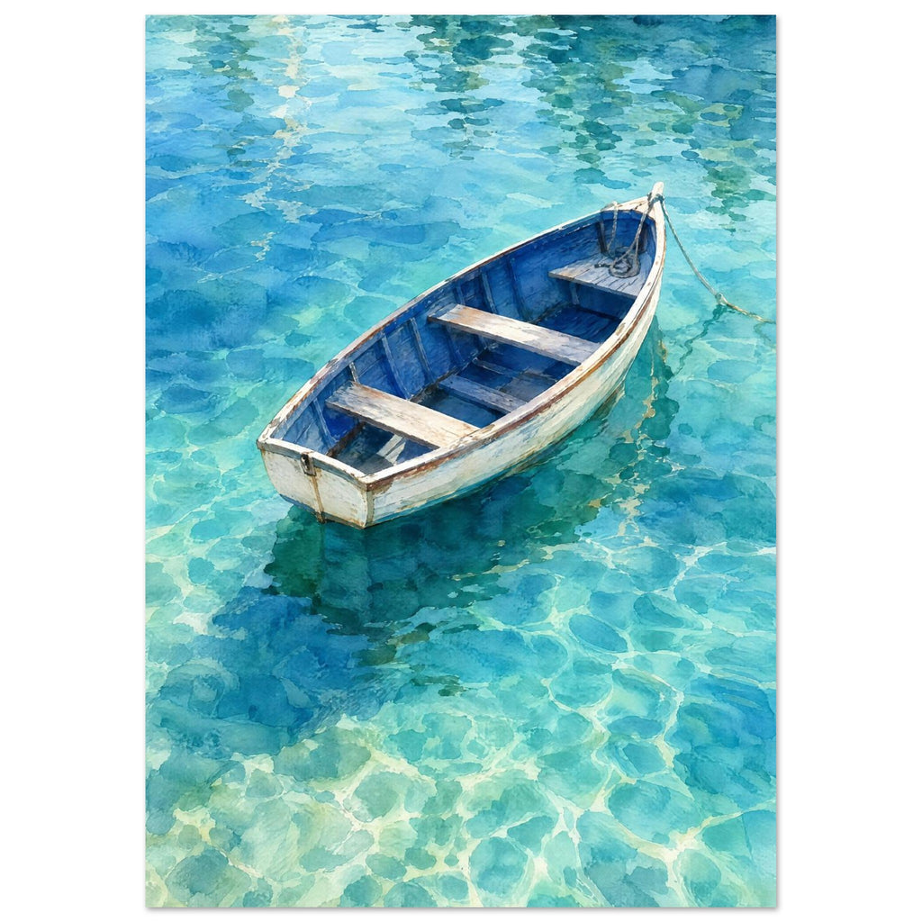 White wooden rowing boat with a blue interior floating on turquoise water, surrounded by rippled reflections.