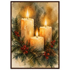 Watercolour painting of three lit advent candles with spruce sprigs and red berries