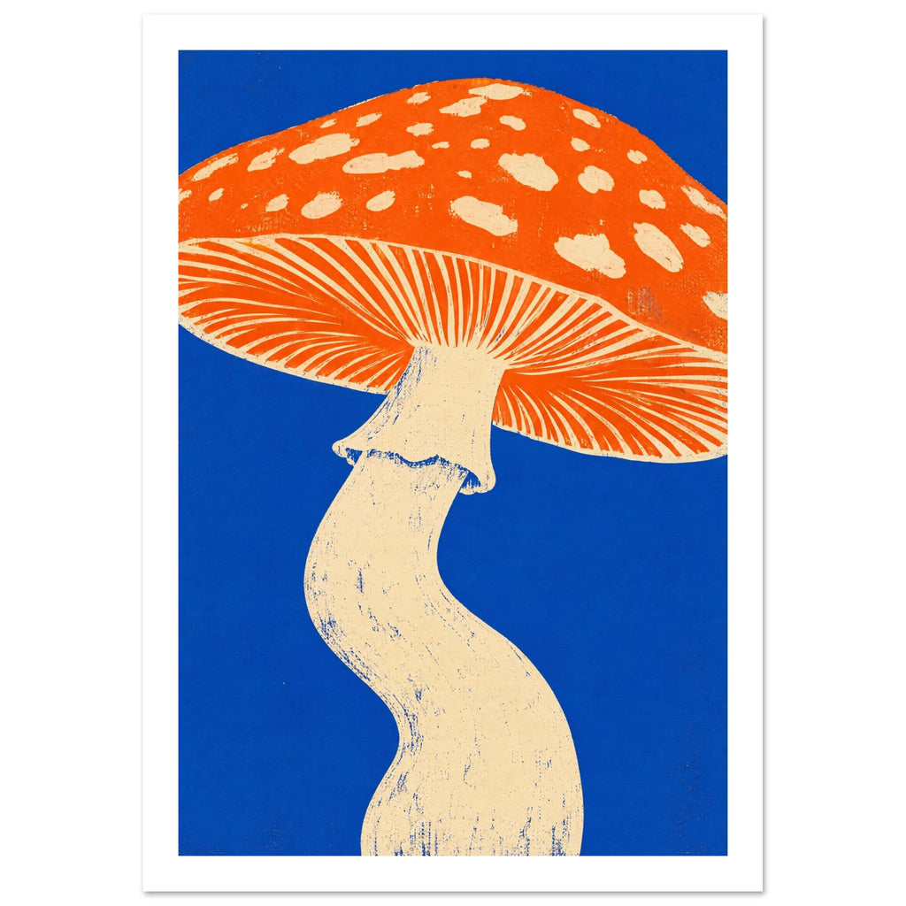 Mushroom with an orange spotted cap, cream gills and a curved cream stem against a vivid blue background.