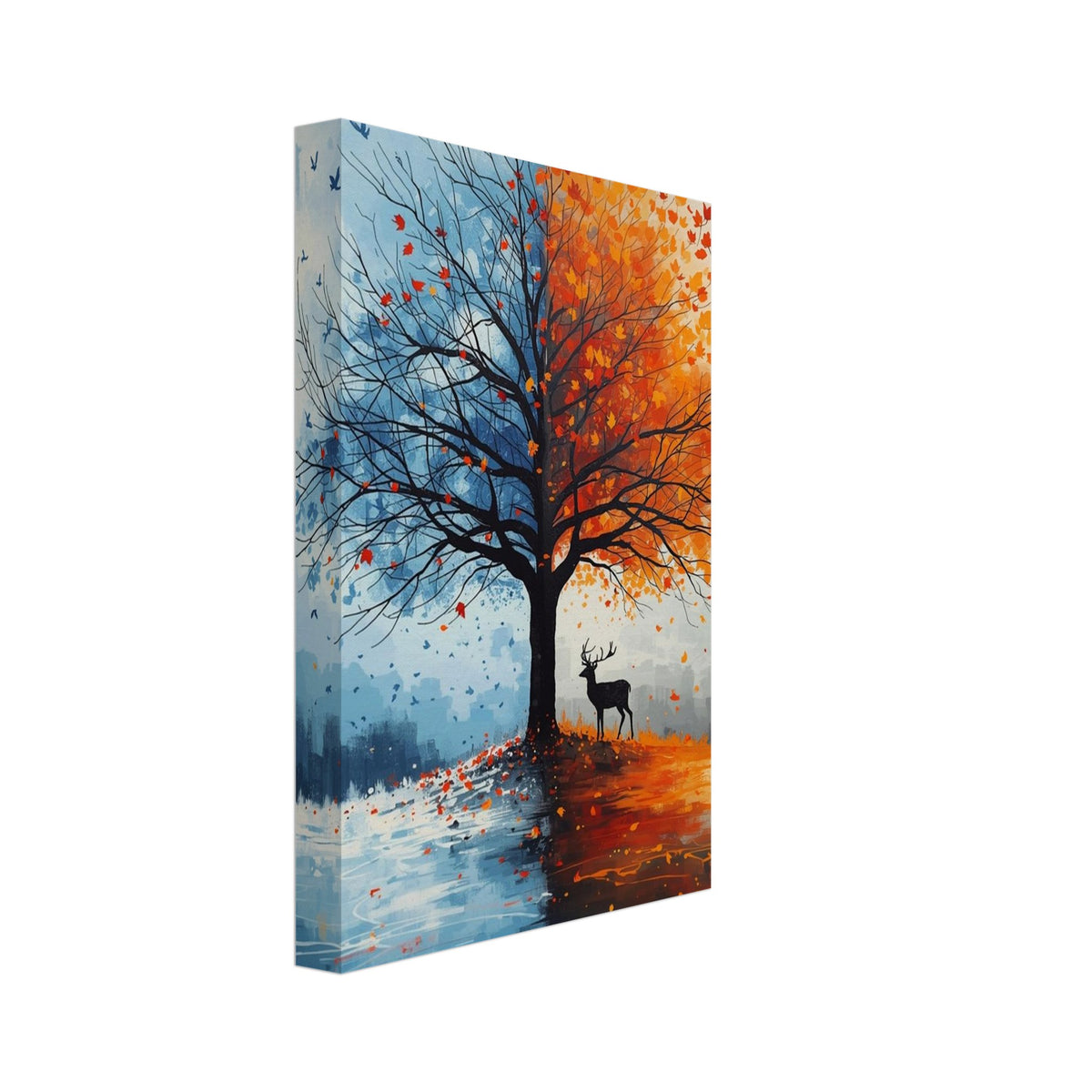 Tree divided between icy blue winter and orange autumn foliage, with flying birds, a stag and reflections below.