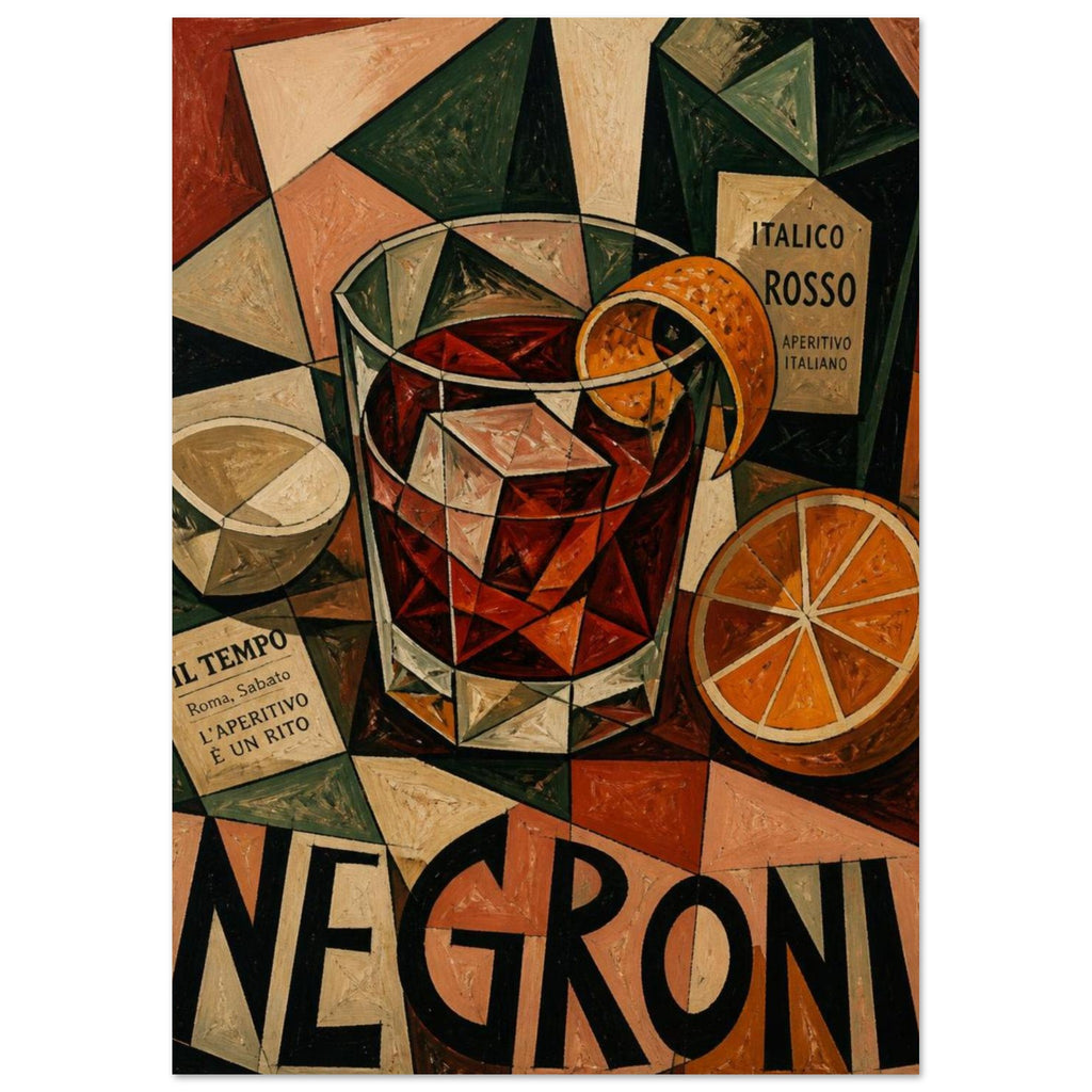 Cubist Negroni cocktail with ice and orange peel, an aperitivo bottle, halved citrus and bold NEGRONI lettering.