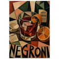 Cubist Negroni cocktail with ice and orange peel, an aperitivo bottle, halved citrus and bold NEGRONI lettering.