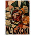 Cubist Negroni cocktail with ice and orange peel, an aperitivo bottle, halved citrus and bold NEGRONI lettering.