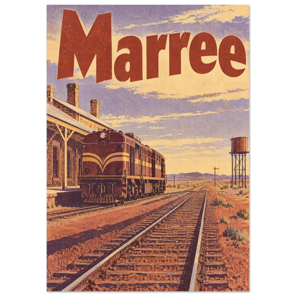 Marree lettering above a locomotive beside a station, with railway tracks crossing a desert landscape and a water tank.