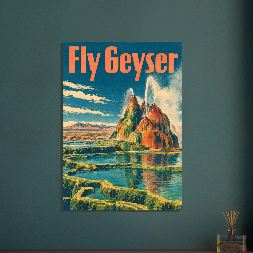Fly Geyser travel poster with orange lettering, colourful mineral mounds, water jets and terraced teal pools.