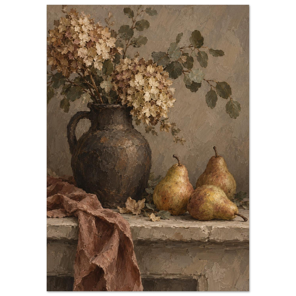 Cream flowers and green foliage in a dark jug beside three golden pears, with brown fabric draped over a stone ledge.