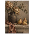 Cream flowers and green foliage in a dark jug beside three golden pears, with brown fabric draped over a stone ledge.
