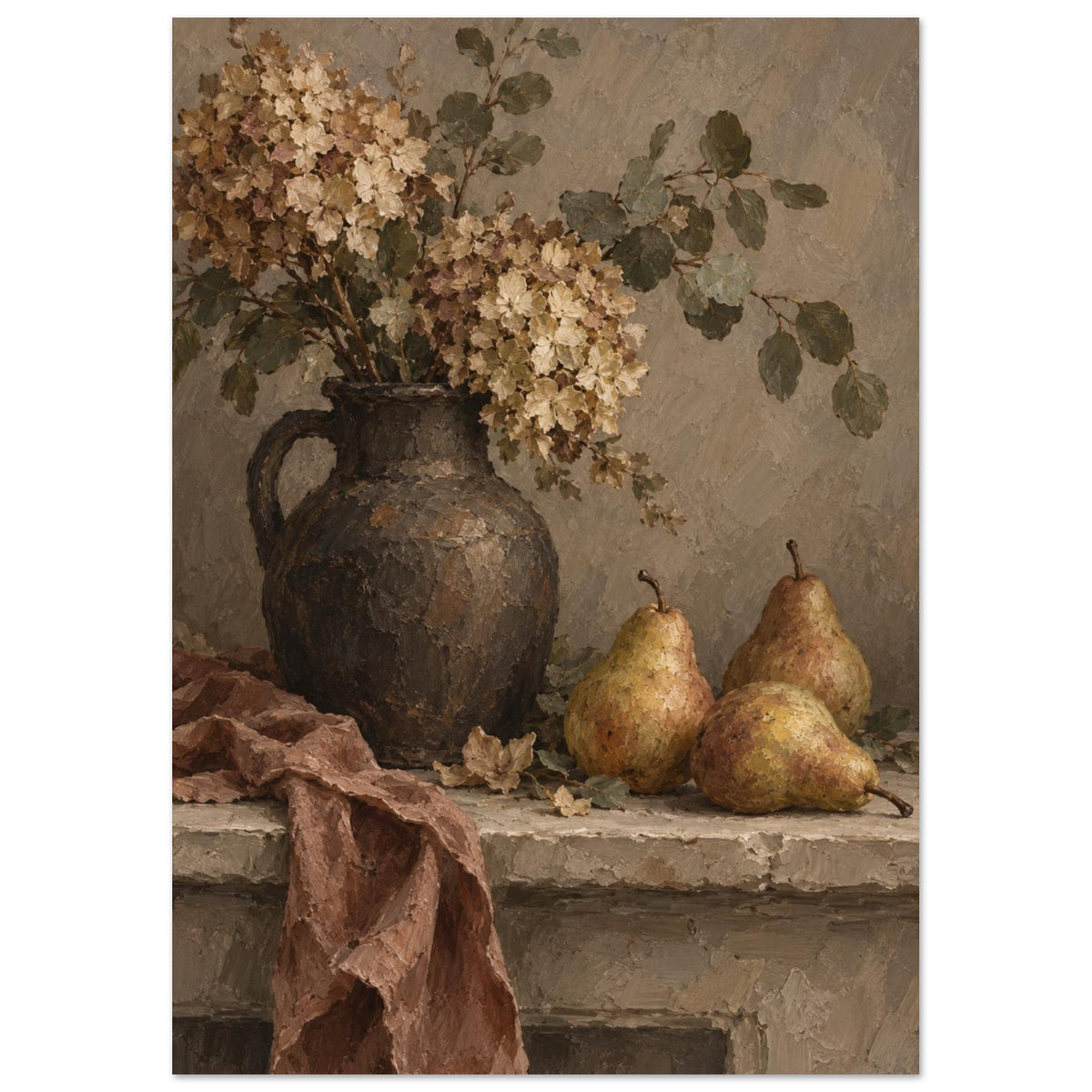 Cream flowers and green foliage in a dark jug beside three golden pears, with brown fabric draped over a stone ledge.