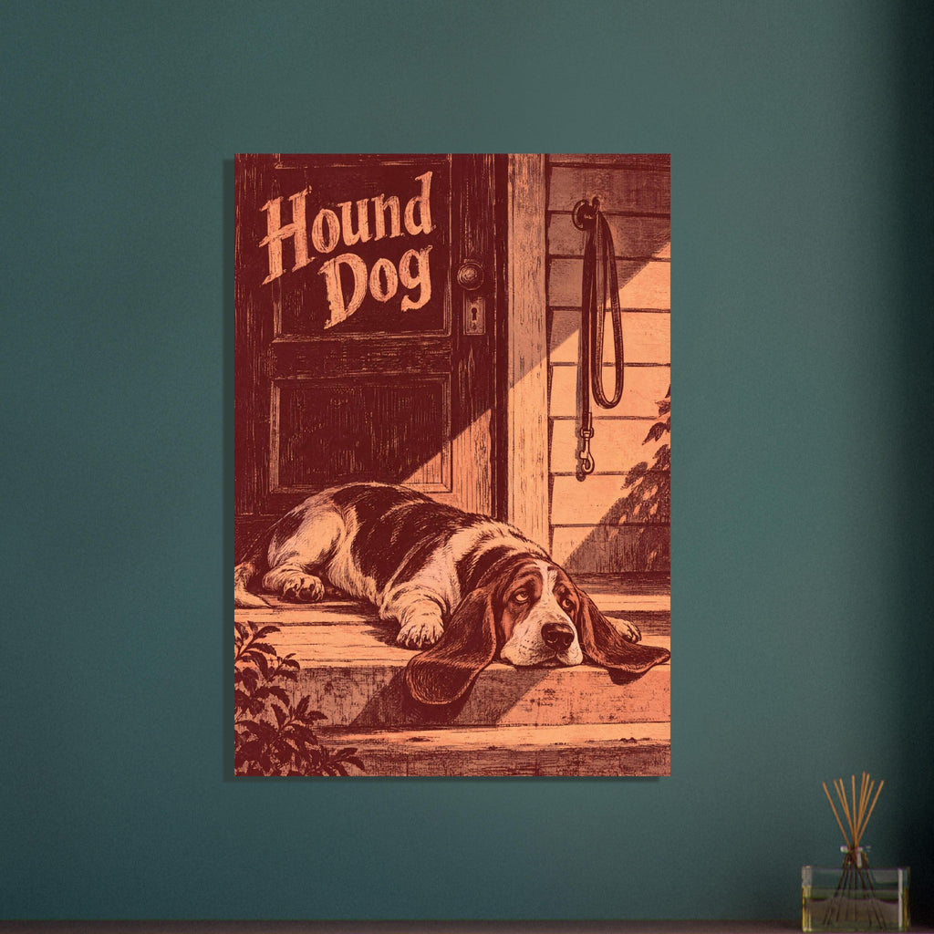 Long-eared hound resting on wooden porch steps beneath ‘Hound Dog’ lettering, illustrated in peach and burgundy.