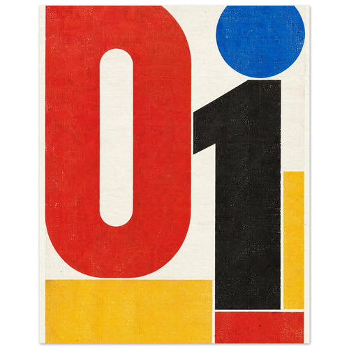 Large red zero and black one with a blue circle and yellow rectangles on a textured cream background.