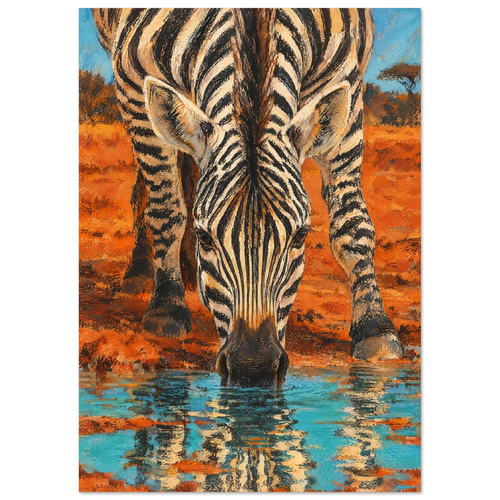 Zebra bending to drink from turquoise water, with its striped reflection below and orange earth behind.