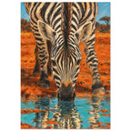 Zebra bending to drink from turquoise water, with its striped reflection below and orange earth behind.