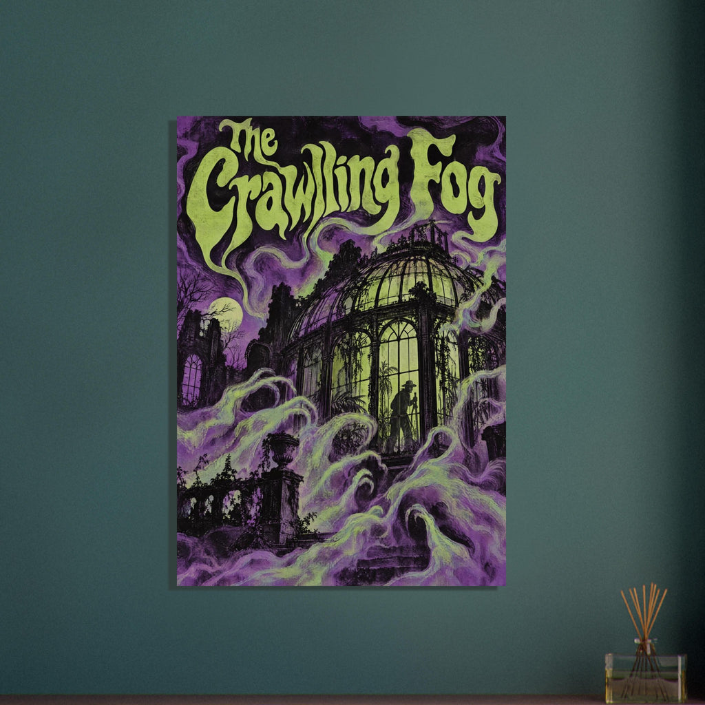 The Crawling Fog lettering above a ruined glasshouse with a silhouetted figure, surrounded by purple and green mist.
