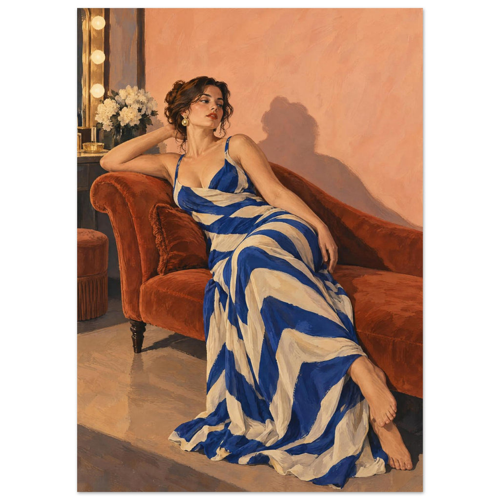 Stripes After Sunset shows a reclining woman in a cobalt-and-cream striped dress on a rust chaise against a peach wall.
