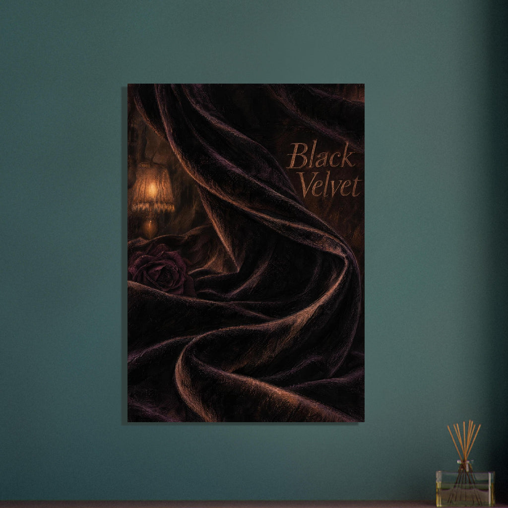 Black velvet folds with brown highlights, a dark burgundy rose, glowing lamp and copper-toned ‘Black Velvet’ lettering.