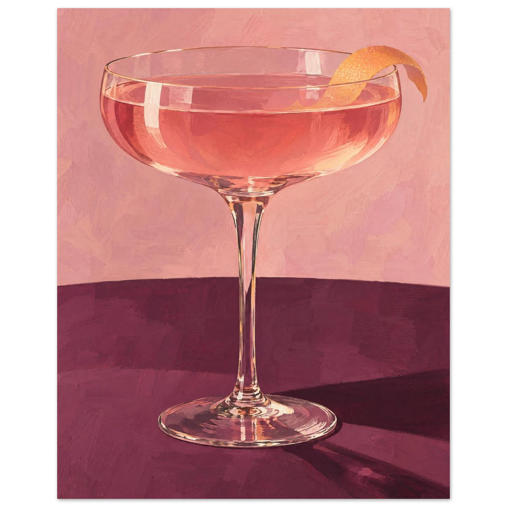 Coupe glass holding a pink cocktail with orange peel on a burgundy table against a textured pink background.