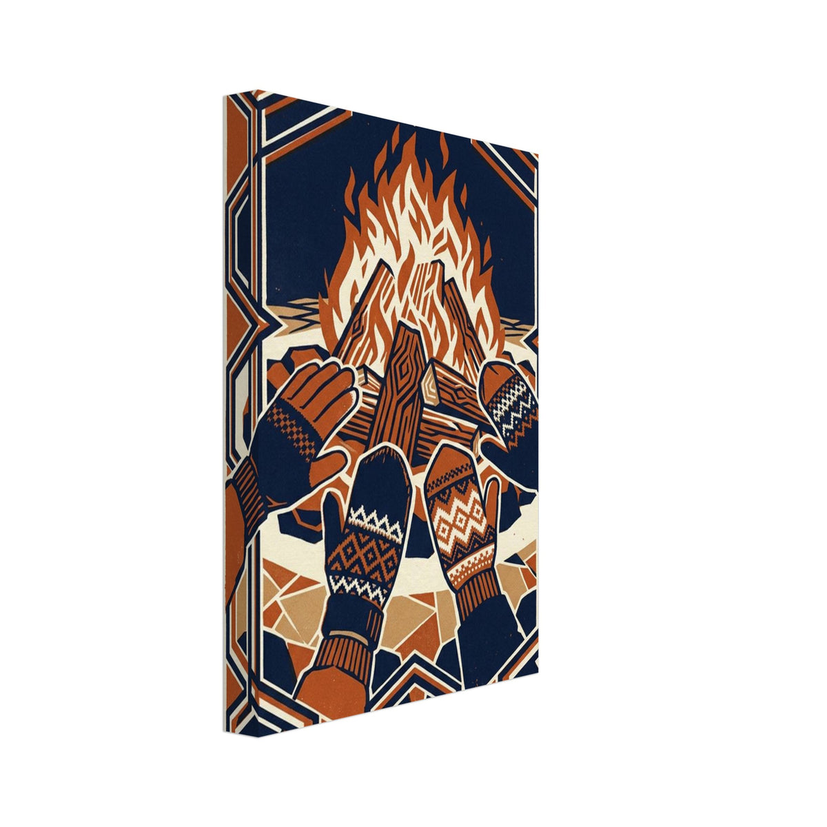 Four gloved and mittened hands held towards a bonfire, in navy, rust and cream with an interlocking geometric border.