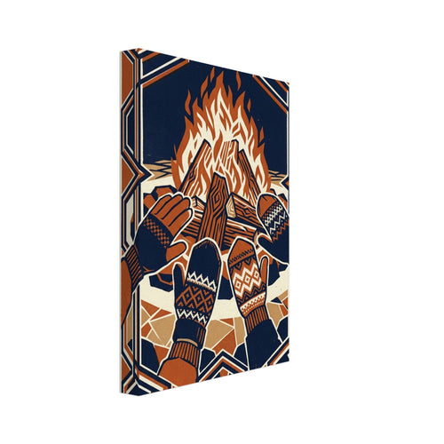 Four gloved and mittened hands held towards a bonfire, in navy, rust and cream with an interlocking geometric border.