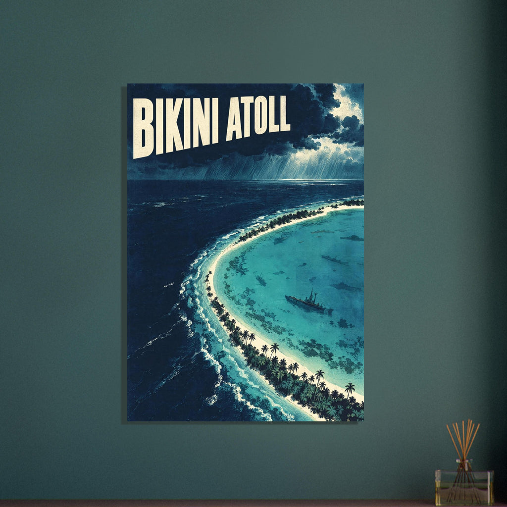 Bikini Atoll lettering above storm clouds, dark ocean and a palm-lined turquoise lagoon with submerged ship silhouettes.