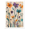 Orange, purple and teal flowers with slender dark stems, leaves and paint drips on a textured cream background.