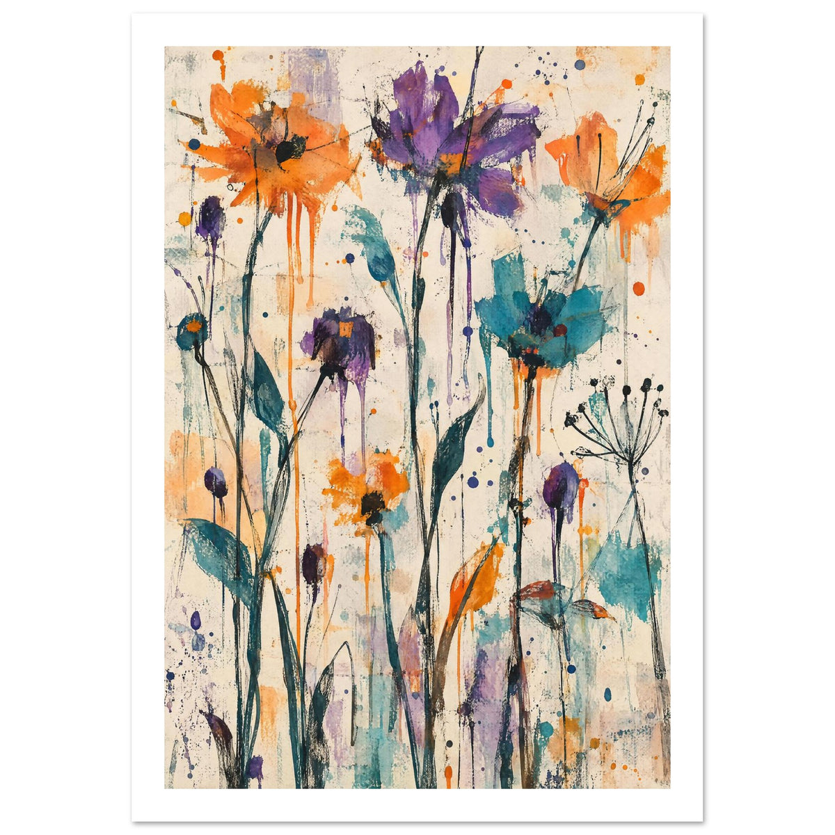 Orange, purple and teal flowers with slender dark stems, leaves and paint drips on a textured cream background.