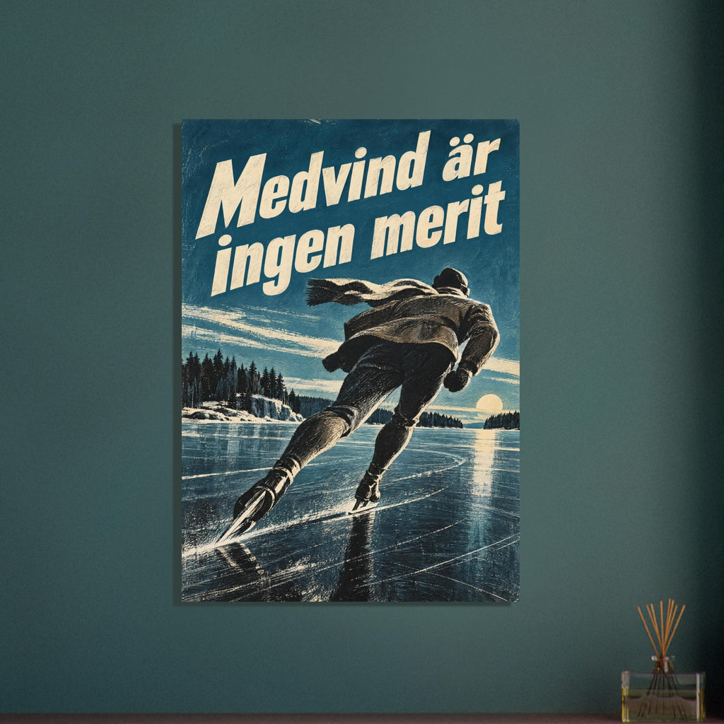 Långfärdsskridskoåkare i diagonal rörelse över svartis med turkosa isfält och texten Medvind är ingen merit.