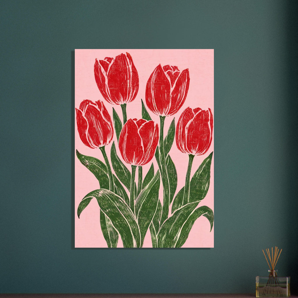 Five red tulips with dark green stems and sweeping leaves on a pink background, illustrated with textured carved lines.