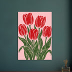 Five red tulips with dark green stems and sweeping leaves on a pink background, illustrated with textured carved lines.