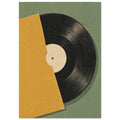 Black vinyl record with a cream label partly inside a mustard-yellow sleeve on a textured sage-green background.