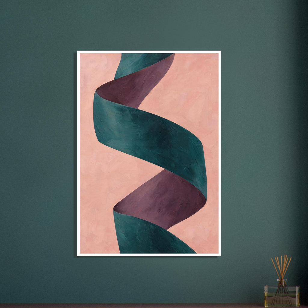 Twisting teal ribbon with plum-coloured inner folds on a textured peach background.
