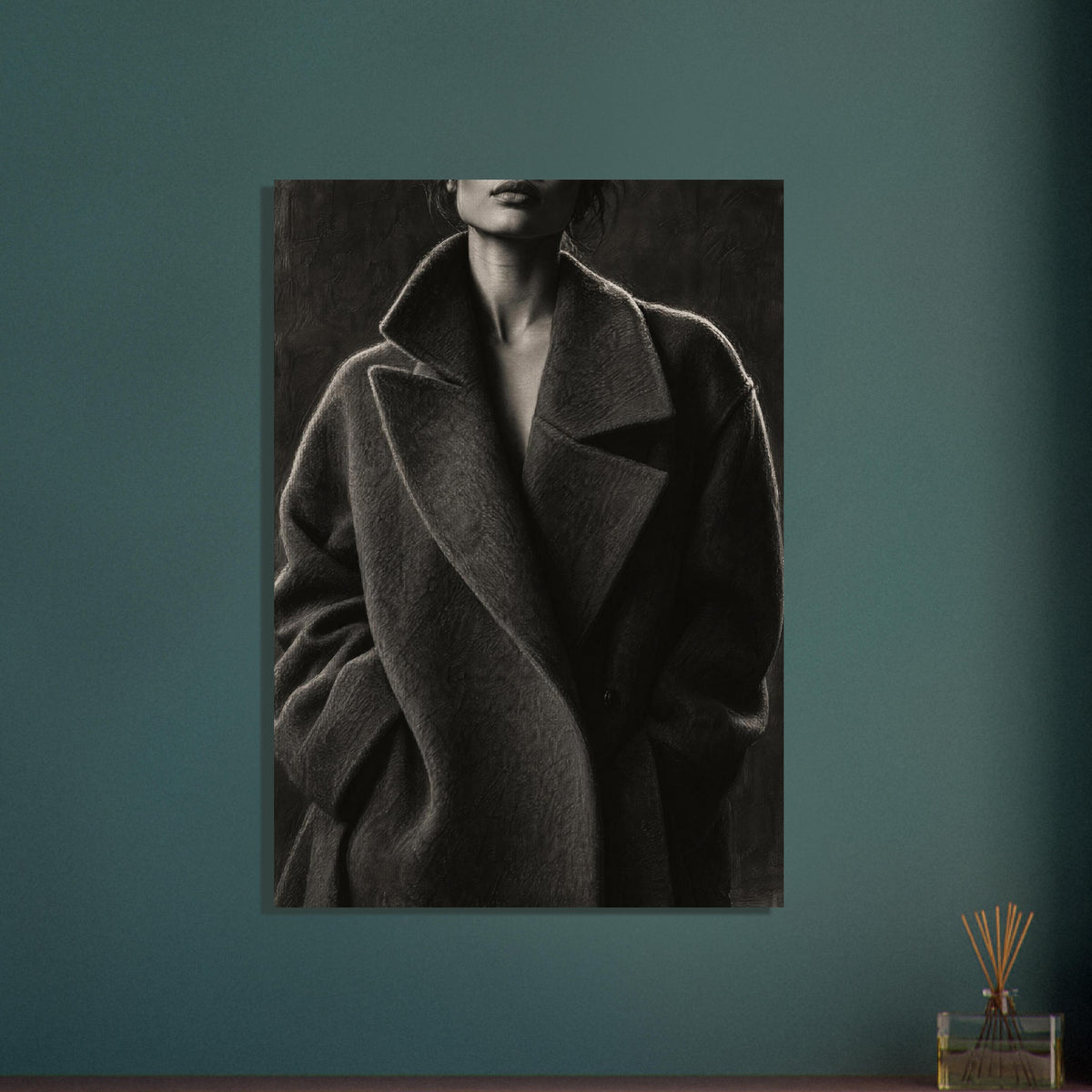 The Oversized Lapel, a chin-to-hip photograph of a model in a wool coat with a brightly outlined shoulder against charcoal sh