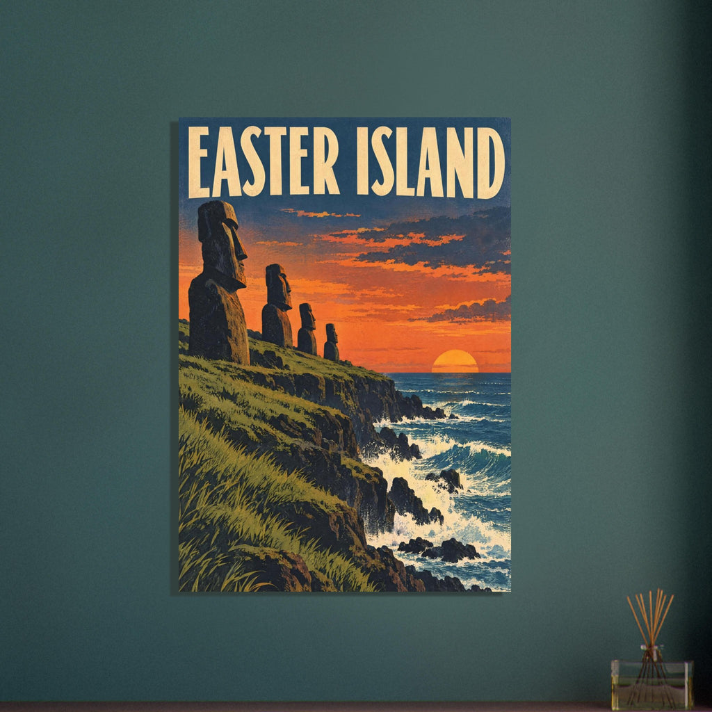 Moai statues on grassy coastal cliffs above crashing waves, with an orange sunset and large Easter Island lettering.