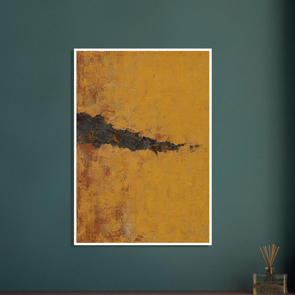 Jagged charcoal band across a mustard ochre field with scraped textures and rusty brown patches.