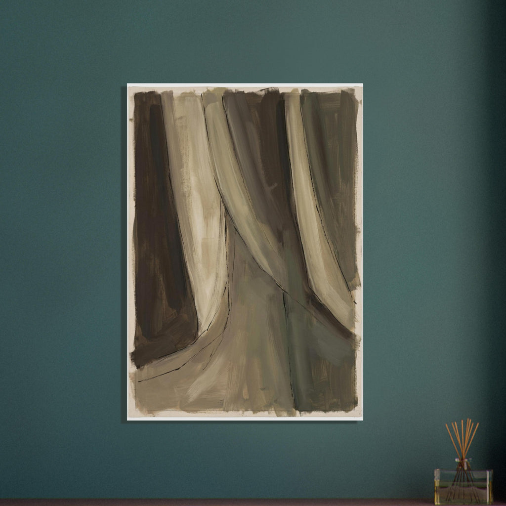 Sweeping beige and muted olive brushstrokes over dark brown areas, with thin dark lines and an uneven pale border.