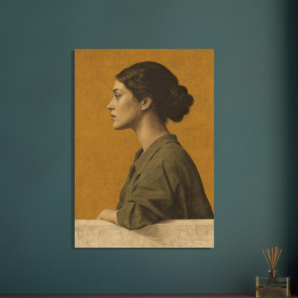 Woman in left-facing profile with dark hair in a bun and olive-brown clothing, against an ochre background.