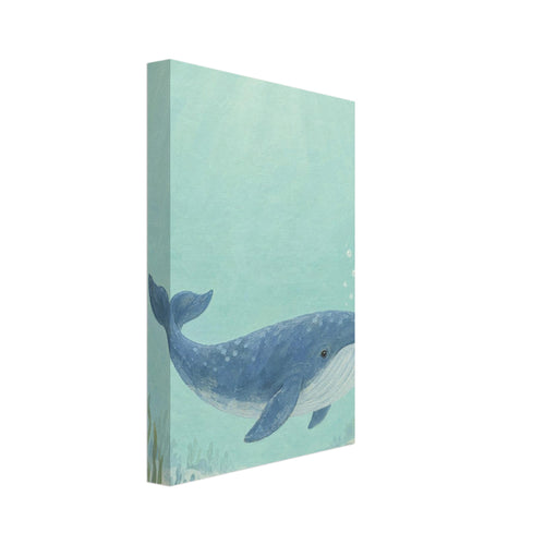 Blue whale swimming through pale aqua water above a sandy seabed with rocks and sea plants, beneath sunlit ripples.