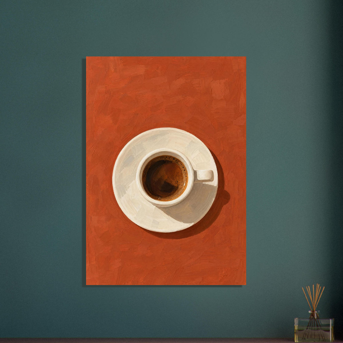 Espresso in a cream cup and saucer, viewed from above on a textured terracotta background with a dark cast shadow.