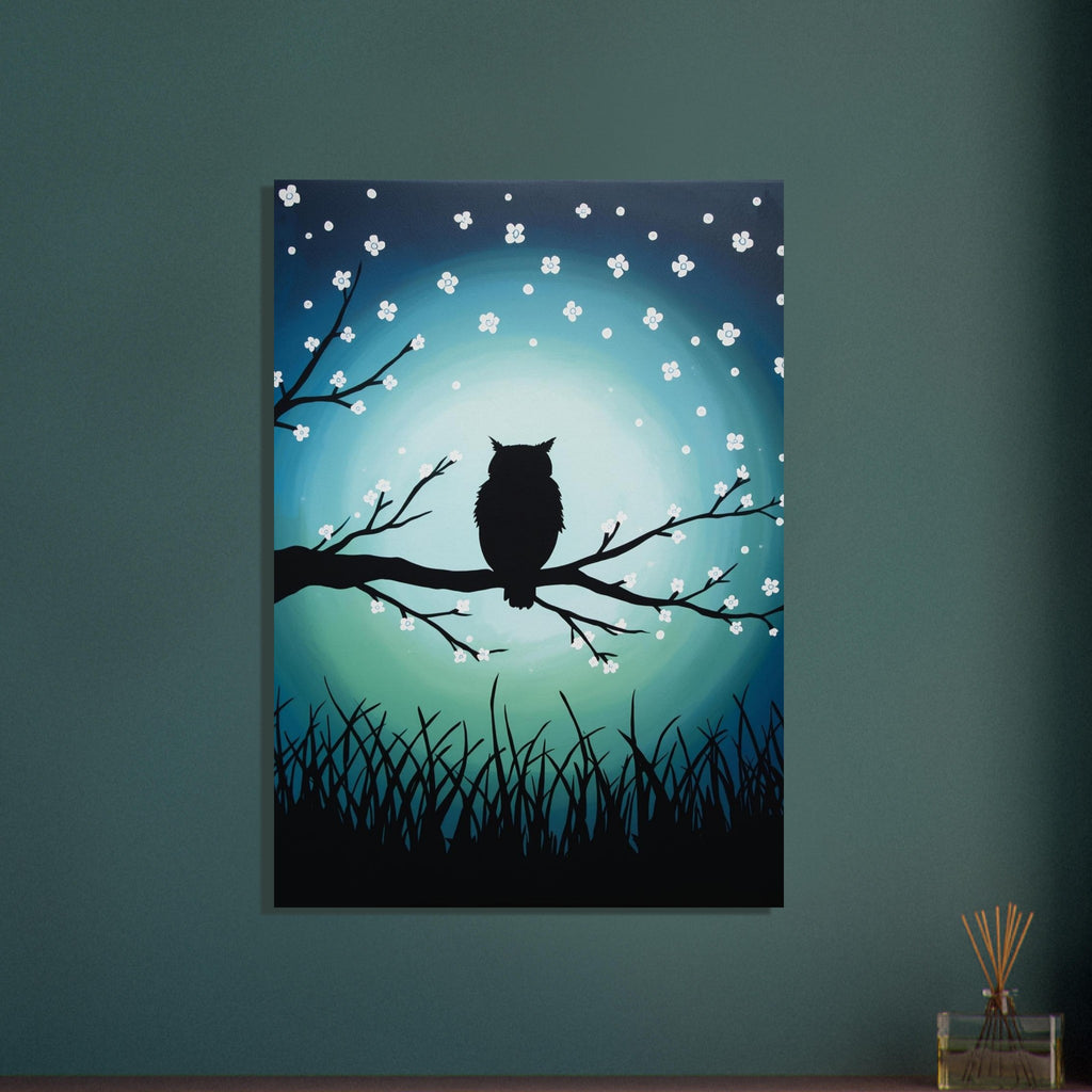 Black owl silhouette perched on a flowering branch against a teal and blue background, with black grasses below.