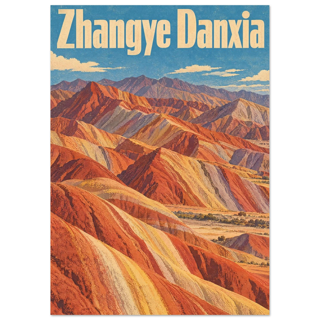 Striped orange, yellow and grey mountain ridges beneath a blue sky, with large cream Zhangye Danxia lettering.