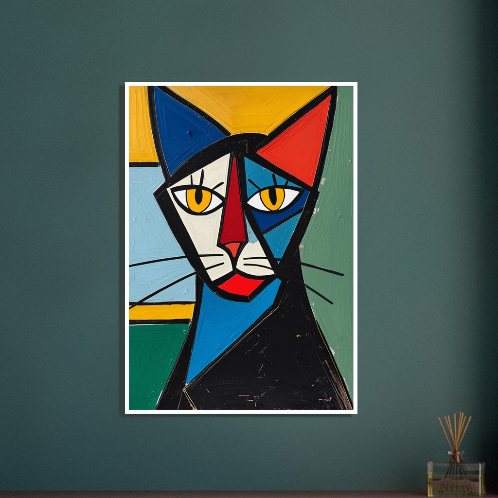 Cubist cat with yellow eyes, angular blue, cream and red features, and black whiskers against a colourful background.